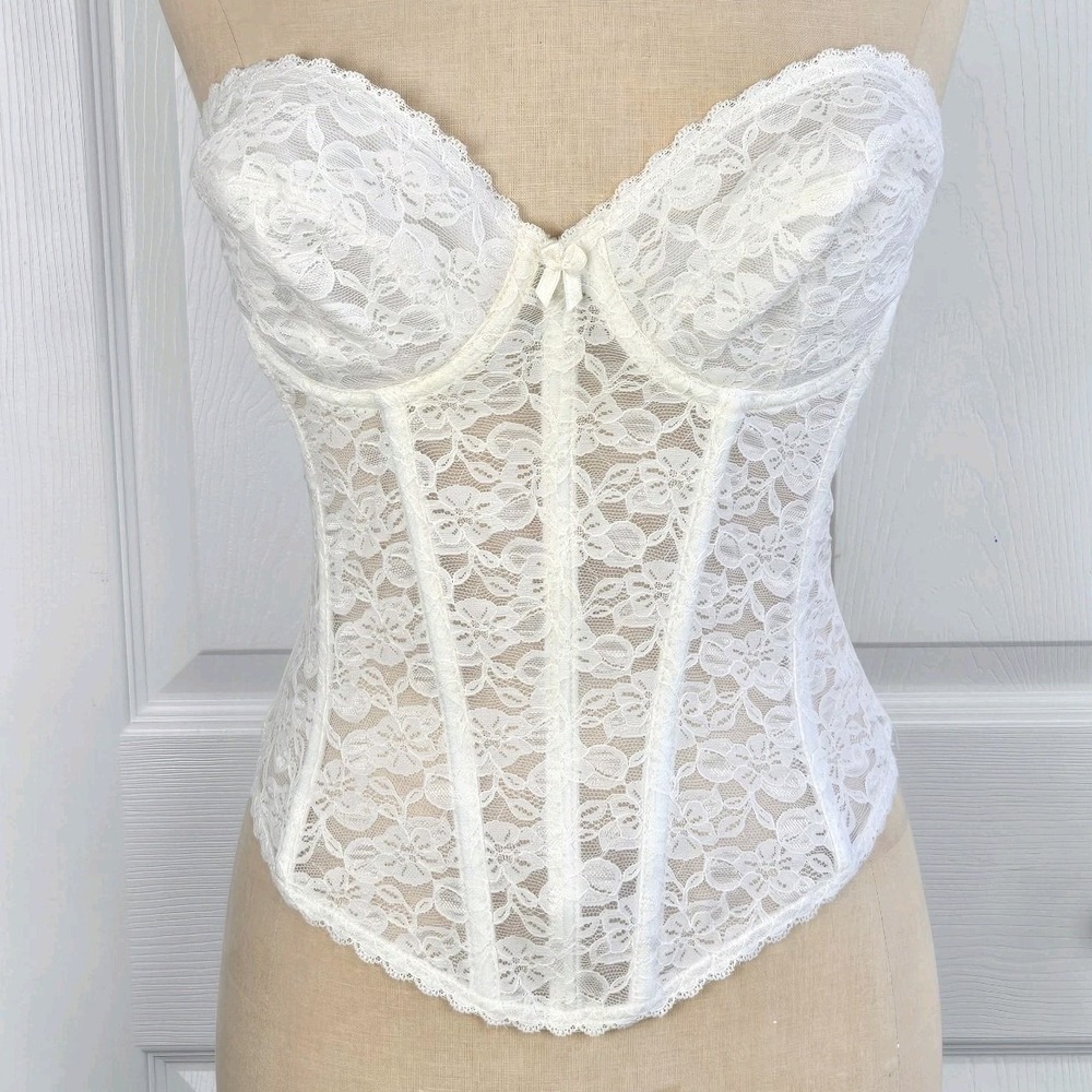 Q.T. White Lace‎ Long Line Strapless Bustier Bra Vtg Size 36C Underwire Lingerie